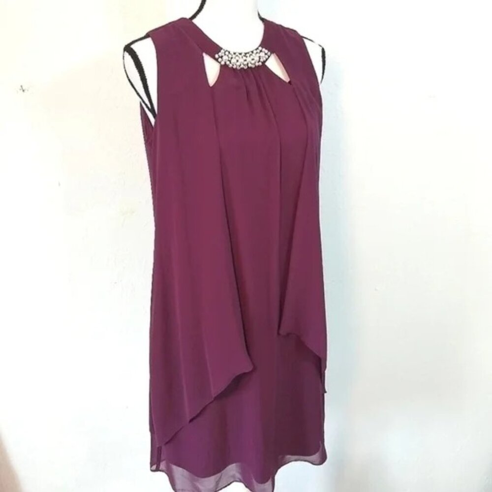 SLNY Plum  Chiffon Dress with Pearl Accent